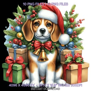 10 schattig kerstbeagle png-sublimatieontwerp | Beagle hond png-afbeeldingen | Clipart Beagle met kerstklokken en slinger | Commercieel gebruik