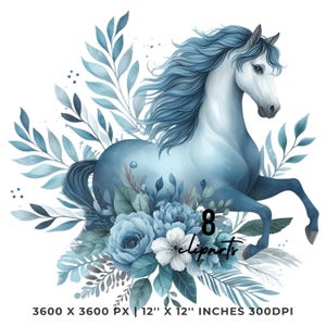 8 cliparts cheval bleu, aquarelle animaux équins de la ferme pour la fabrication de cartes, scrapbooking PNG, journalisation indésirable, sublimation usage Commercial