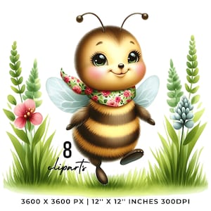 8 Clipart PNG printemps petite abeille, abeille aquarelle, animal de la vie sauvage, fabrication de cartes, scrapbooking, journal indésirable, sublimation, usage Commercial