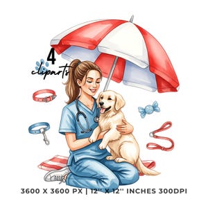 Veterinarian with Puppy Clipart Set | Vet in Scrubs Dog Art | 4 PNG & 4 JPG | Sublimation Design | 12&quot;x12&quot; 300DPI Graphic Commercial Use