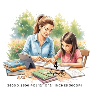 May include: Illustration of a woman and a child sitting at a wooden table, drawing and writing. A tablet, books, and notebooks are on the table. The background features a blurred garden scene. The image includes the text "4 cliparts" and "3600 X 3600 PX | 12" X 12" INCHES 300DPI".