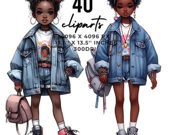 Denim Girl Clipart PNG: Afro Fashion Illustrations (Digital Download)