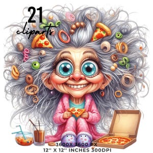 21 Szalona Babcia w Piżamie Jedząca Pizzę PNG Clipart | Zabawne Starsze Panie | Słodka Biała Babcia z Kreskówek | Szczęśliwa Kobieta Sublimacja Użytek Komercyjny