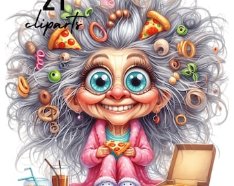 Funny Grandma Pizza PNG Clipart: Cartoon Old Lady