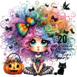 20 Halloween Girl PNG Clipart | Whimsical Frazzled Girl Clipart PNG | Quirky Curly Teens PNG | Ephemera Halloween Clip Art | Commercial Use