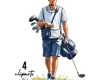 May include: Illustration of a golfer in a white polo shirt, blue shorts, and a cap, carrying golf clubs and a bag. The image includes a golf ball and the text "4 cliparts, 3600 x 3600 px | 12" x 12" inches 300DPI."