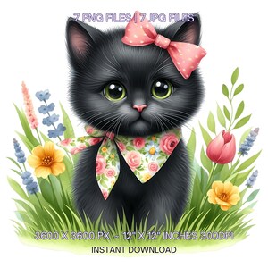 7 cliparts PNG petit chat noir printemps, chat aquarelle, animal de compagnie, fabrication de cartes, scrapbooking, journal indésirable, sublimation, usage Commercial