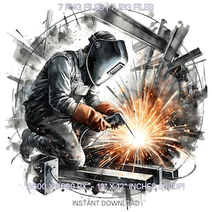 Puede incluir: Una ilustración digital de un soldador con una máscara de soldar y soldando una viga de metal. La imagen está en blanco y negro con salpicaduras de naranja y amarillo para las chispas de soldadura. La imagen es de 3600 x 3600 píxeles y 12 pulgadas por 12 pulgadas.