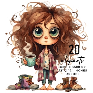20 peculiares imágenes prediseñadas de chicas que toman café por la mañana / Mujeres locas del café en pijama / Scrapbooking caprichoso, diario basura, creación de tarjetas, uso comercial