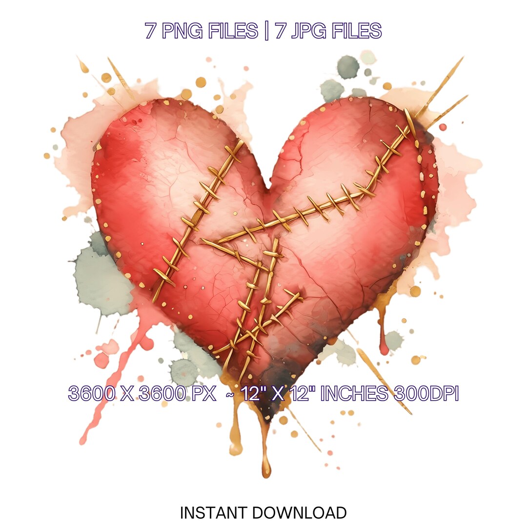 Broken Heart PNG Clipart | Watercolor Broken Heart Stitched With Golden ...