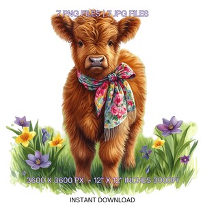 7 printemps, façon Highland veau brun PNG Clipart, vache aquarelle, animaux de la ferme, fabrication de cartes, ordures de scrapbooking, sublimation usage Commercial