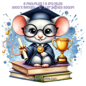 Kindergarten Mouse wearing Cap holding a Diploma PNG | Graduation Mouse Clipart | Grad Student | Graduate Kid | 6 JPG-PNG Commercial Use