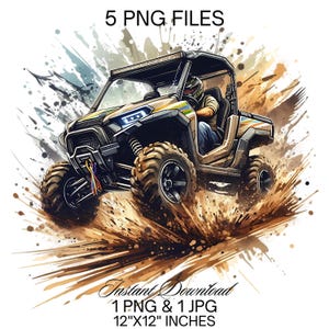May include: A digital illustration of a brown and tan off-road vehicle driving through mud. The vehicle has a roll cage and a driver wearing a helmet. The background is a white splatter pattern.