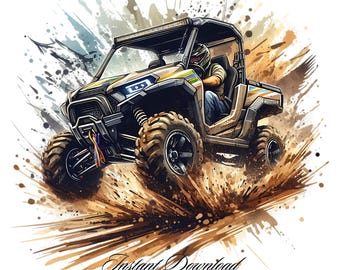 May include: A digital illustration of a brown and tan off-road vehicle driving through mud. The vehicle has a roll cage and a driver wearing a helmet. The background is a white splatter pattern.