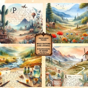 35 afdrukbare pagina's met wilde natuur-thema, afdrukbare aquarel Boho Junk Journal open veld scrapbookingpapier 8,5 x 11 inch achtergrond