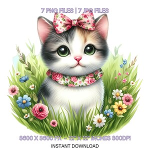 7 cliparts PNG petit chat du printemps, chat aquarelle, animal de compagnie, fabrication de cartes, scrapbooking, journal indésirable, image par sublimation à usage Commercial
