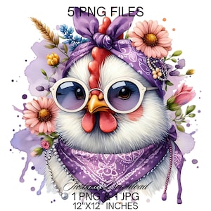 Funny Chicken PNG Clipart | Cute Crazy Hen Sublimation | Chicken Chick Wearing Purple Sunglasses Scarf Pearls | Farm Life Commercial Use