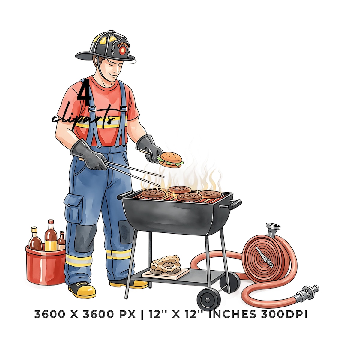 Firefighter BBQ Clipart: Grill Fireman PNG & JPG (12x12