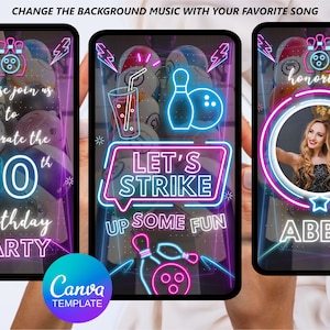 Glow Bowling Birthday Invitation: Retro Neon, Editable Video (Canva Template)