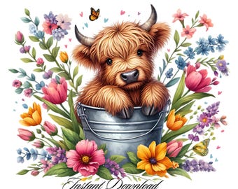Watercolor Highland Cow Clipart: Summer Flowers (PNG & JPG)