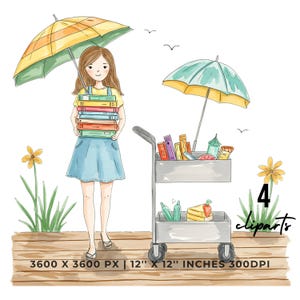 Librarian Summer Books Clipart | Book Cart Girl Sublimation | 4 PNG & 4 JPG | Sublimation Design | 12"x12" 300DPI Commercial Use