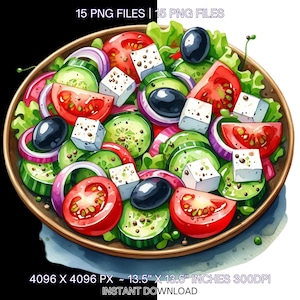15 Illustration de cuisine grecque PNG | Clipart transparent de nourriture aquarelle | Salade grecque, souvlaki, gyroscope, nourriture tzatziki JPG PNG Utilisation commerciale