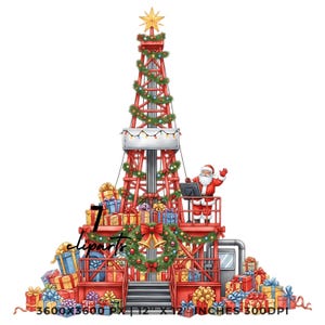 Puede incluir: Una ilustración caprichosa de un pozo petrolero rojo decorado como un árbol de Navidad, adornado con guirnaldas, luces y una estrella. Papá Noel está en la cima, rodeado de regalos envueltos. La imagen mide 30,48 x 30,48 cm.