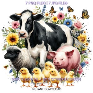 Imágenes prediseñadas de animales de granja de primavera: vaca, cerdo, oveja, gallina, pollito amarillo, flores silvestres, mariposas, abejas, granja en blanco y negro (7 PNG-JPG)