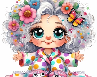 Funny Grandma Clipart: Crazy Old Ladies in Pajamas (PNG & JPG Digital Files)