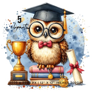 Búho con birrete de graduación sobre una pila de libros PNG / Sublimación de graduado universitario / Clipart de búho de graduación Estudiante de posgrado / Uso comercial