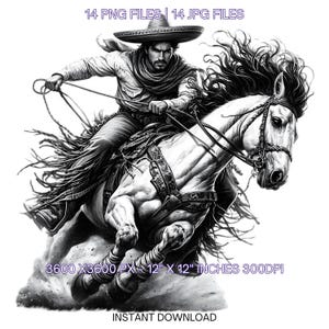 Watercolor Mexican Cowboy Riding a Horse Clipart PNG | 14 Mexican Holding a Lasso in His Hand for Boys | Sublimation Hi-Res Commercial Use