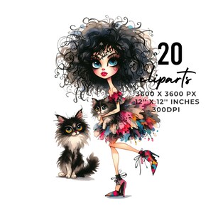 20 verrückte Katzenlady Clipart PNG | Schrullige Haute Couture Katzendame | Skurril Scrapbooking Junk Journaling und Card Making Kit | Kommerzielle Nutzung