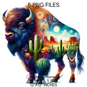 Clipart aquarelle de bison : buffle du sud-ouest, cactus (PNG et JPG, 12 x 12 po.)