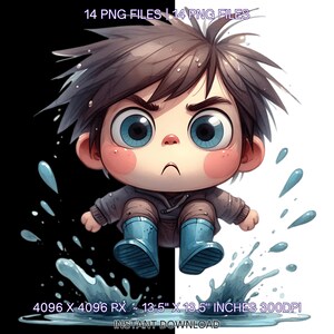 May include: A digital illustration of a cartoon boy with brown hair and blue eyes wearing a gray hoodie and blue rain boots. He is jumping in a puddle of water with a frustrated expression on his face. The image is 4096 x 4096 pixels and 13.5 inches by 13.5 inches at 300 DPI.