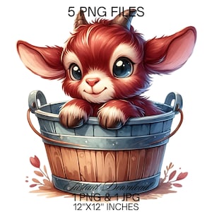 Baby Goat in a Bucket Clipart | 5 PNG & 5 JPG Cute Brown Farm Goat Watercolor Art | Farm Animal Sublimation | Commercial Use