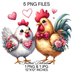 Valentine&#39;s Day Farm Chickens PNG Clipart | Hen & Rooster PNG | Chicken in Love Sublimation | Love Birds | Farm Life Couples Commercial Use