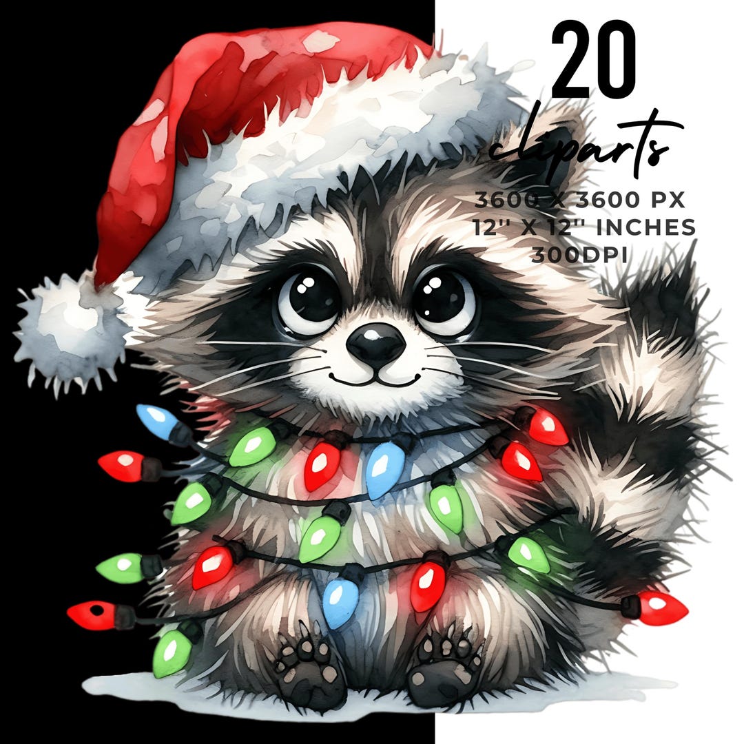 20 Cute RACCOON With Santa Hat, and Christmas Lights Clip Art | Quirky ...