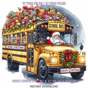 以下が含まれることがあります： サンタクロースが運転する、クリスマスの飾り付けがされた黄色のスクールバスのイラスト。バスにはリース、ライト、プレゼントが飾られています。「MERRY CHRISTMAS」の文字が見えます。画像サイズは30.48cm x 30.48cmです。