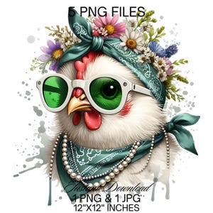Funny Crazy Chicken PNG Clipart | Cute Hen Sublimation | Chicken Chick Wearing Green Sunglasses Scarf Pearls | Farm Life Commercial Use