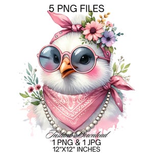 Funny Chicken PNG Clipart | Cute Crazy Hen Sublimation | Chicken Chick Wearing Pink Red Sunglasses, Scarf Pearls | Farm Life Commercial Use