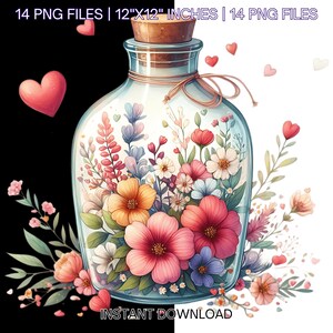 Floral Love Bottle Clipart: Watercolor Hearts (Digital Download)
