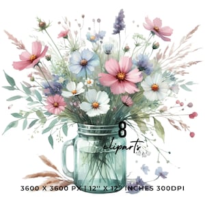 Puede incluir: Una pintura de acuarela de un ramo de flores rosas, blancas y azules en un tarro de vidrio transparente. Las flores están dispuestas en un estilo suelto y natural, y el tarro tiene un ambiente rústico y de granja. La imagen es de 3600 x 3600 píxeles y 12 pulgadas por 12 pulgadas.