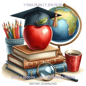 Abschluss Tasse & Roter Apfel auf Bücherstapel mit Stifte, Erdkugel, Kaffeetasse | Lehrer Clipart | Sublimation 7 JPG-PNG Kommerzielle Nutzung