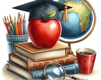 Clipart professeur : pomme, livres, globe terrestre, café (téléchargement numérique PNG JPG)