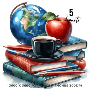 Lehrer Clipart mit Rotem Apfel auf Büchern, Globus & Kaffeetasse | Lehrer Clipart | Erzieher Clipart Sublimation 5 JPG-PNG Kommerzielle Nutzung