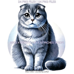 24 Clipart PNG di gatto Scottish Fold, Gatto acquerello come animale domestico, creazione di biglietti, scrapbooking, diario di scarto, ritratto di animale domestico con stampa a sublimazione per uso commerciale