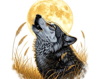 May include: A detailed illustration of a wolf howling at a full moon. The wolf is depicted with gray and black fur, set against a golden moon and tall, dry grass. The image is labeled with dimensions: 12" x 12" inches.