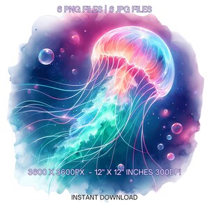 Watercolor Jellyfish Clipart: Neon Underwater PNG, JPG (Digital Download)