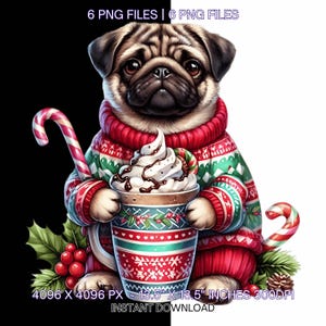 6 Christmas Pug Dog Clipart PNG | Christmas Pug Clipart | Dog Christmas Clipart | Xmas Dog Clipart PNG Images Sublimation | Commercial Use