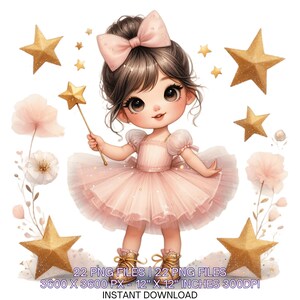 22 Twinkle Little Asian Girl with Stars and Magic Fairy Wand Clipart PNG / Tarjeta de scrapbooking basura de acuarela, uso comercial de sublimación